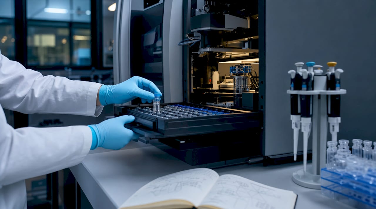 Gloved hands loading peptide samples into instrument