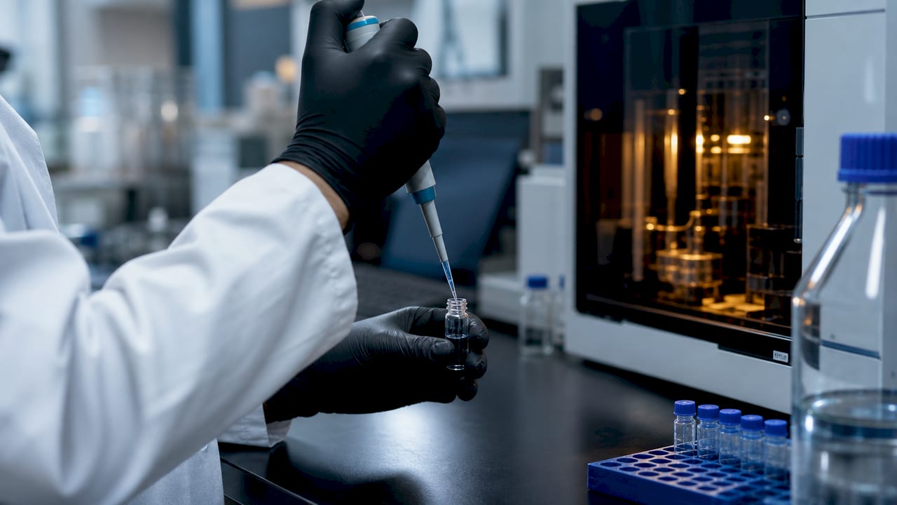 Hands pipetting peptide sample for purity test