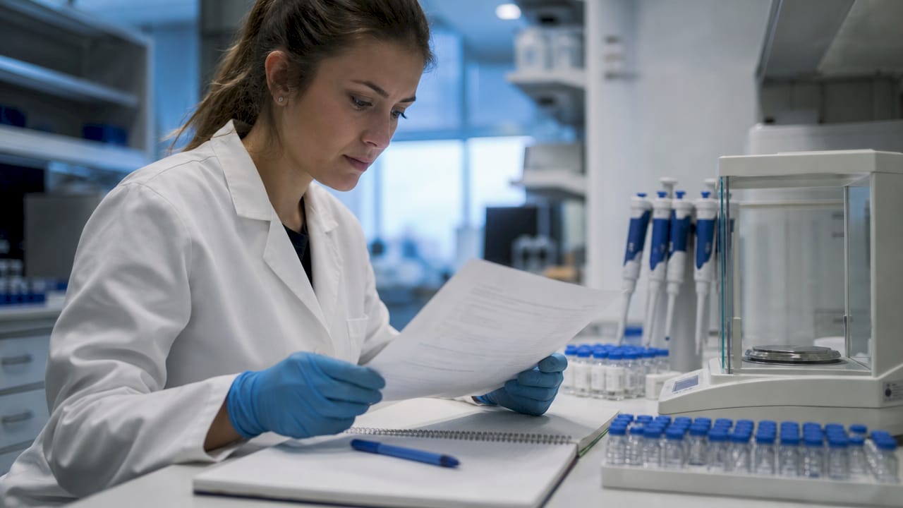 Scientist reviewing peptide quality documents