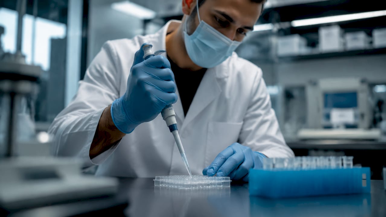 Scientist pipetting peptides for SARS-CoV-2 research