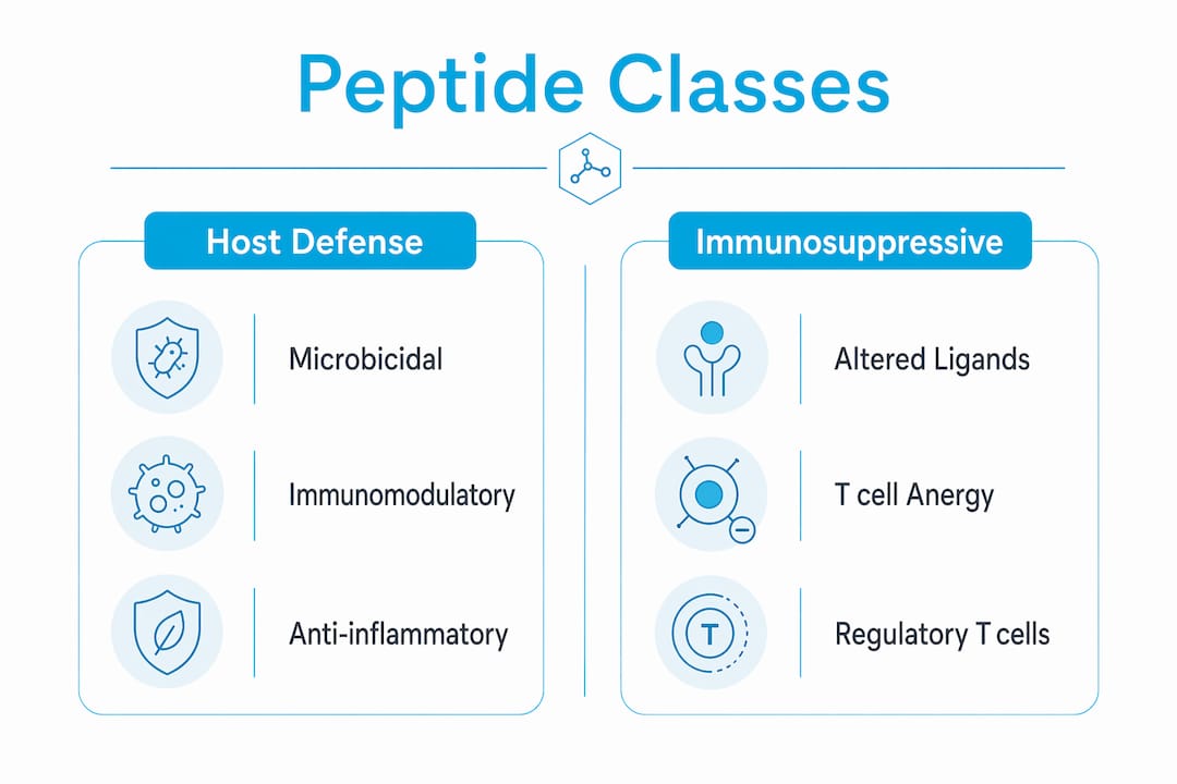 Infographic comparing host defense and immunosuppressive peptides
