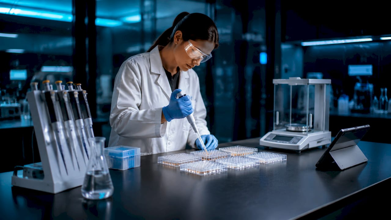 Scientist pipetting peptide assays in research lab