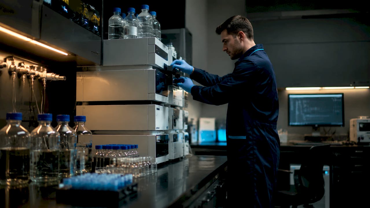 Technician operating HPLC equipment for peptide purity