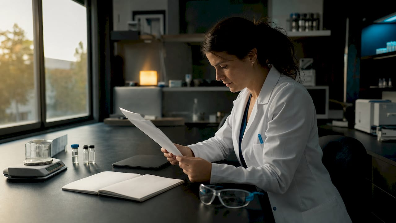 Scientist reviewing peptide supplier documentation at desk