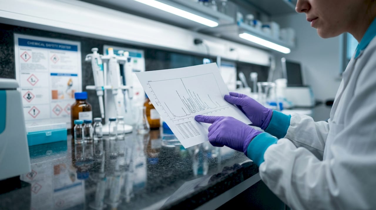 Close-up of hands analyzing peptide chromatogram in lab