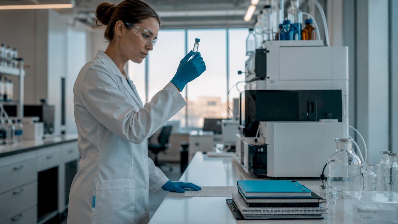 Scientist inspecting peptide sample in quality testing lab