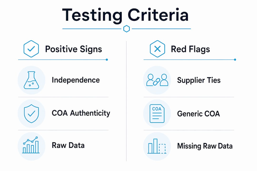 Infographic comparing peptide testing product selection criteria