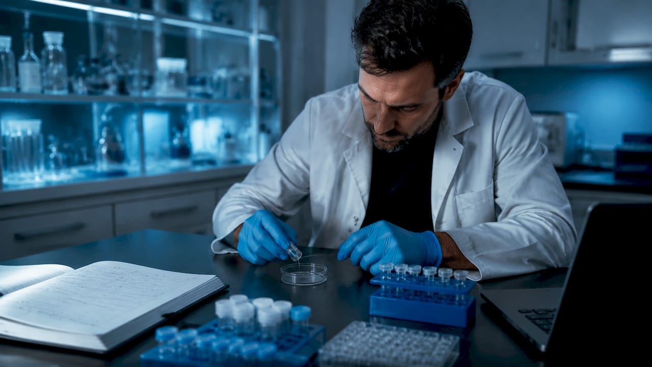 Hands holding trypsin vial with workflow notes overhead view