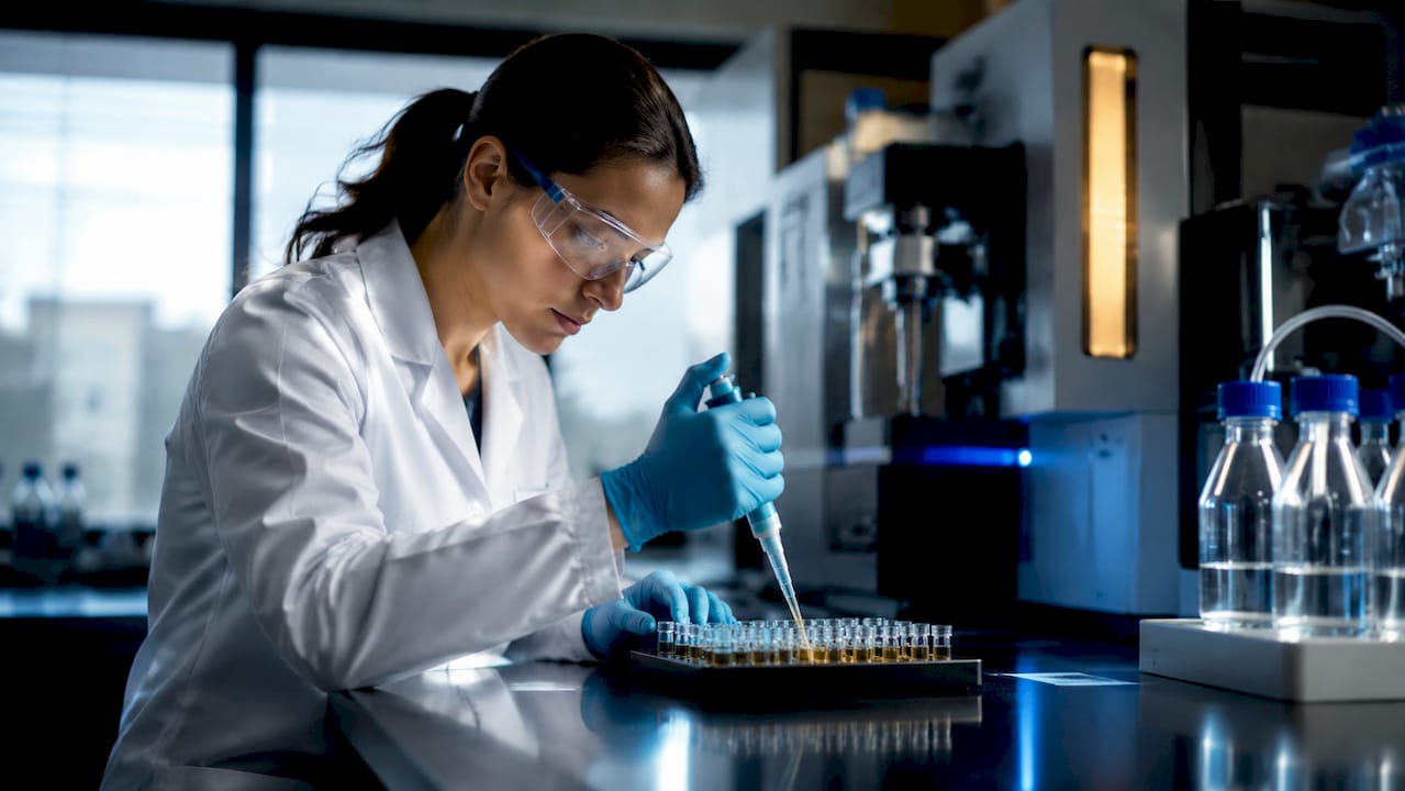 Scientist preparing peptide samples at proteomics lab bench
