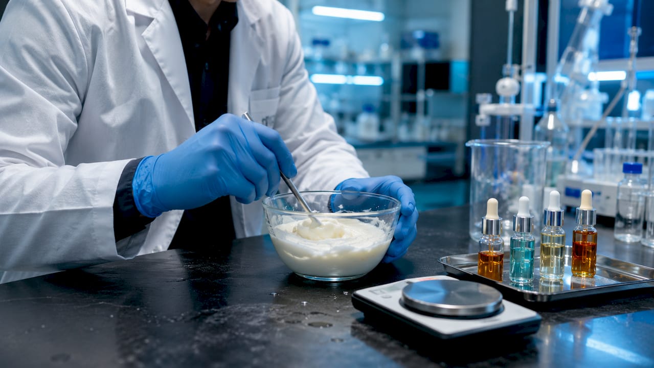 Hands mixing peptide cream in lab beaker