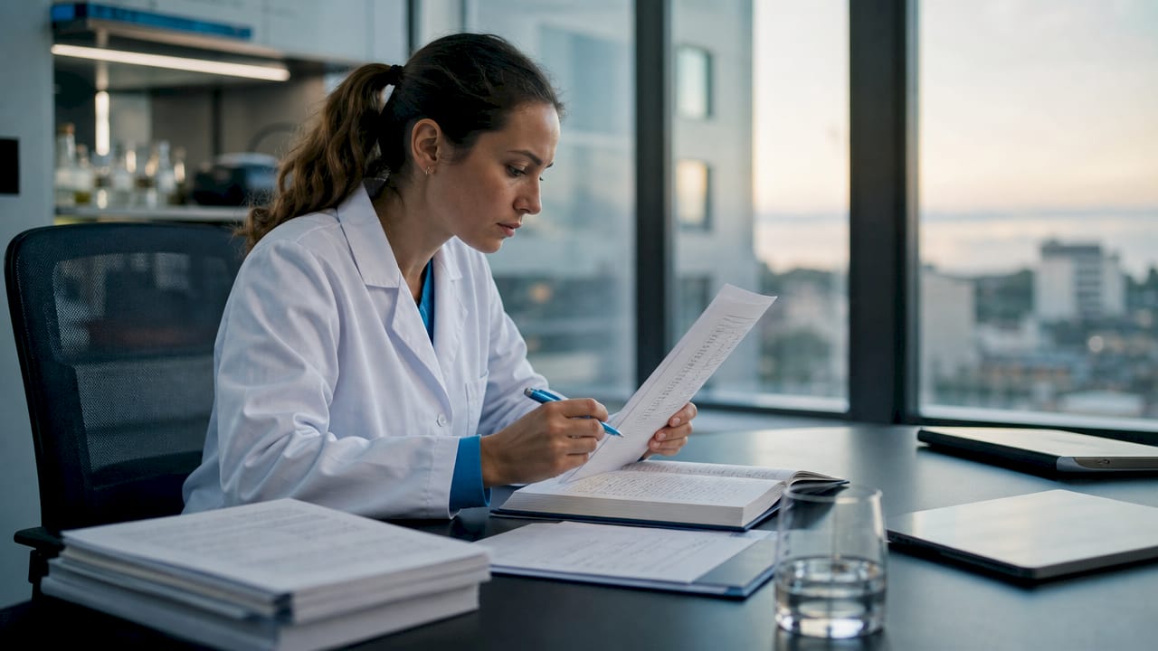 Scientist reviewing peptide batch documentation