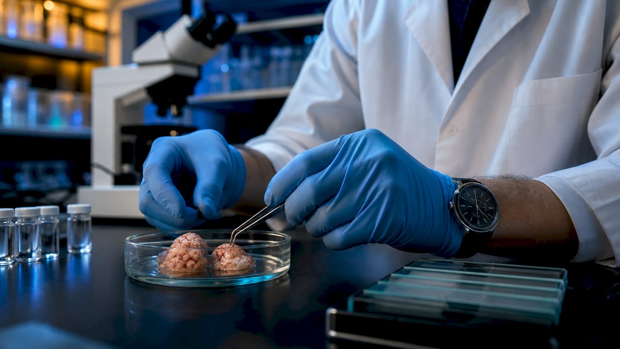 Close-up hands handling brain tissue sample