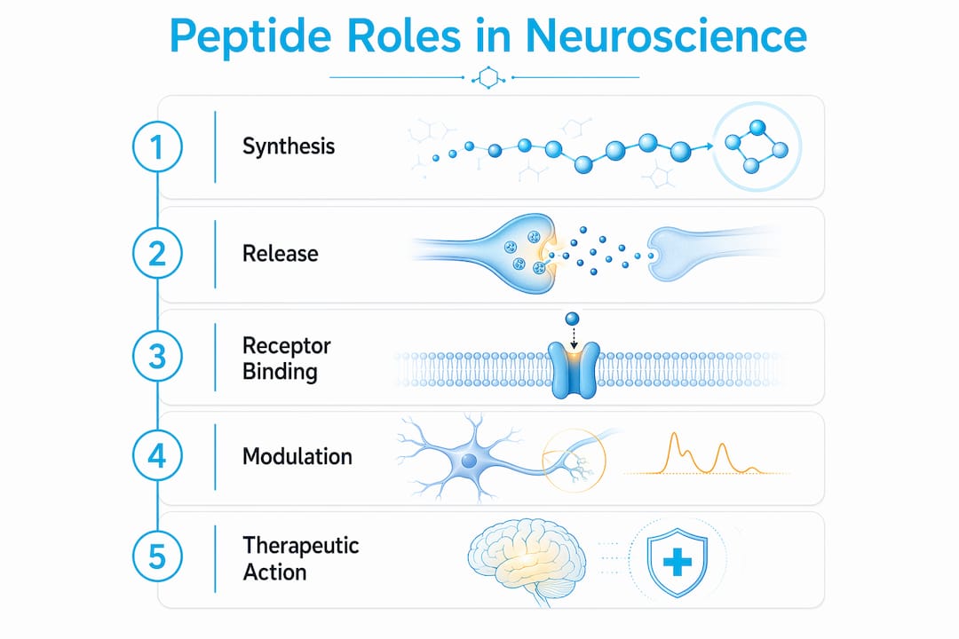 Infographic illustrating peptide roles in neuroscience