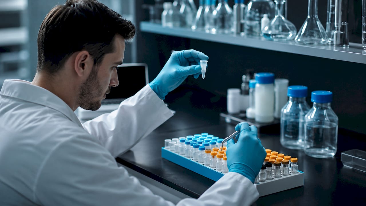 Technician preparing peptide samples for quality testing