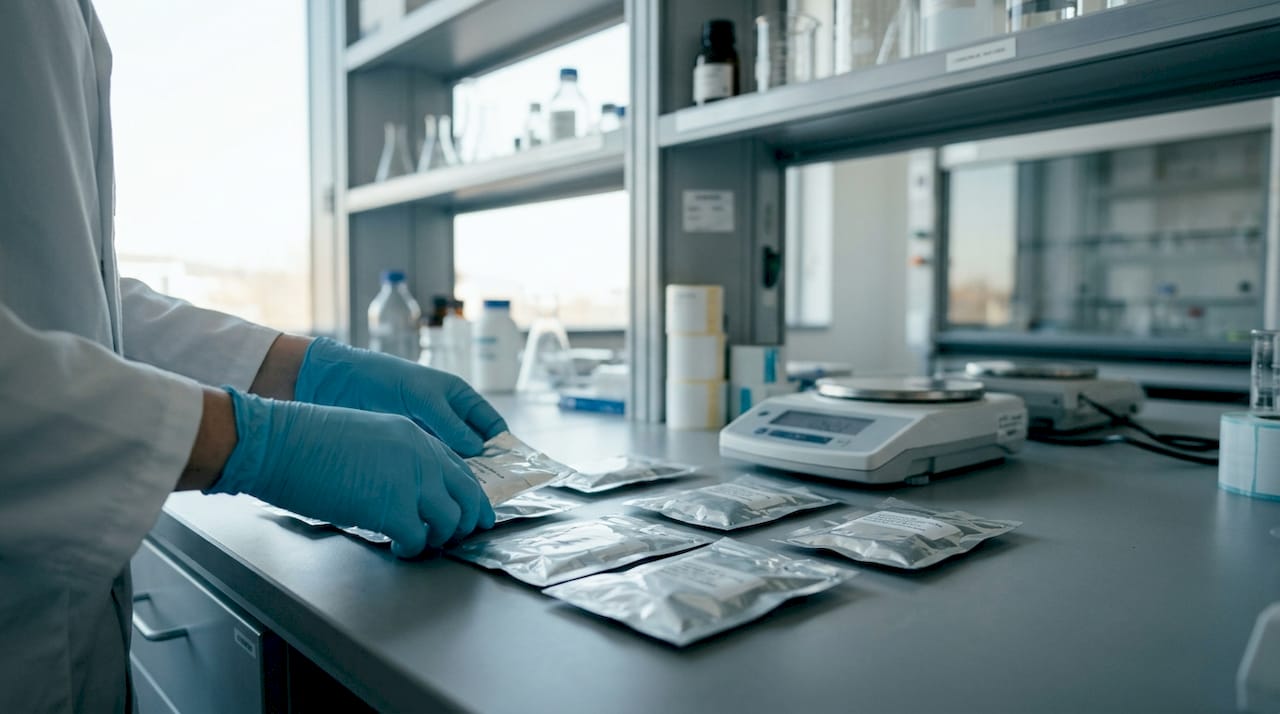 Hands unpacking bulk peptide samples in lab