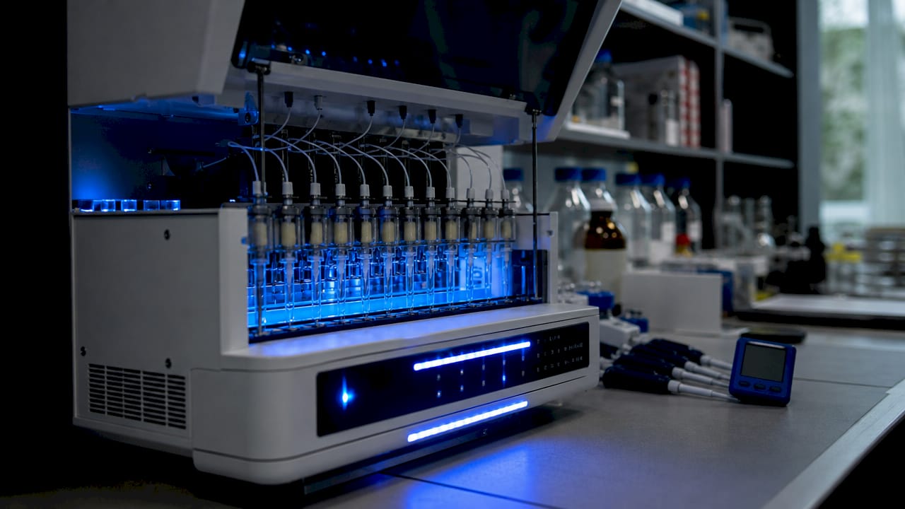 Solid-phase peptide synthesis instrument close-up