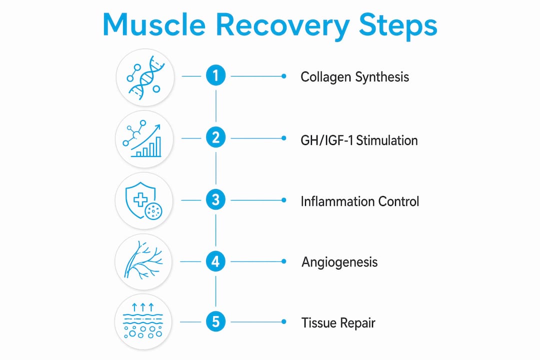 Infographic illustrating muscle recovery biochemical steps