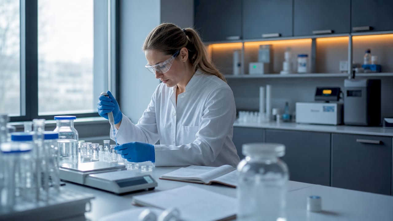 Scientist preparing peptides in biotechnology lab
