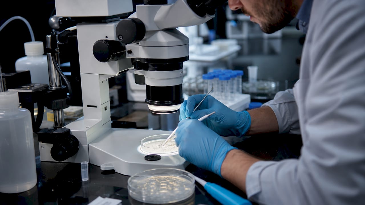 Hands manipulating Drosophila larva under microscope