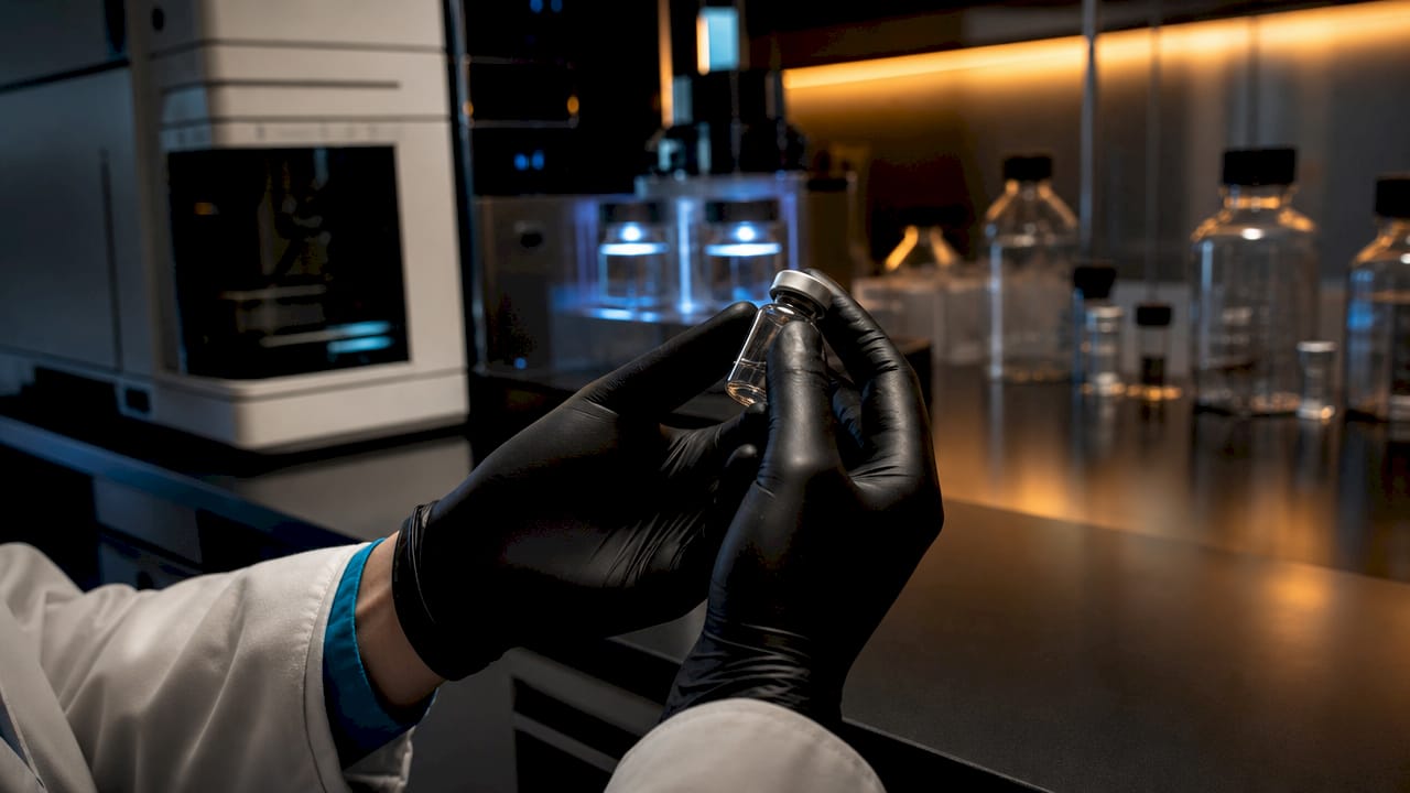 Hands handling primary peptide standard vial on balance
