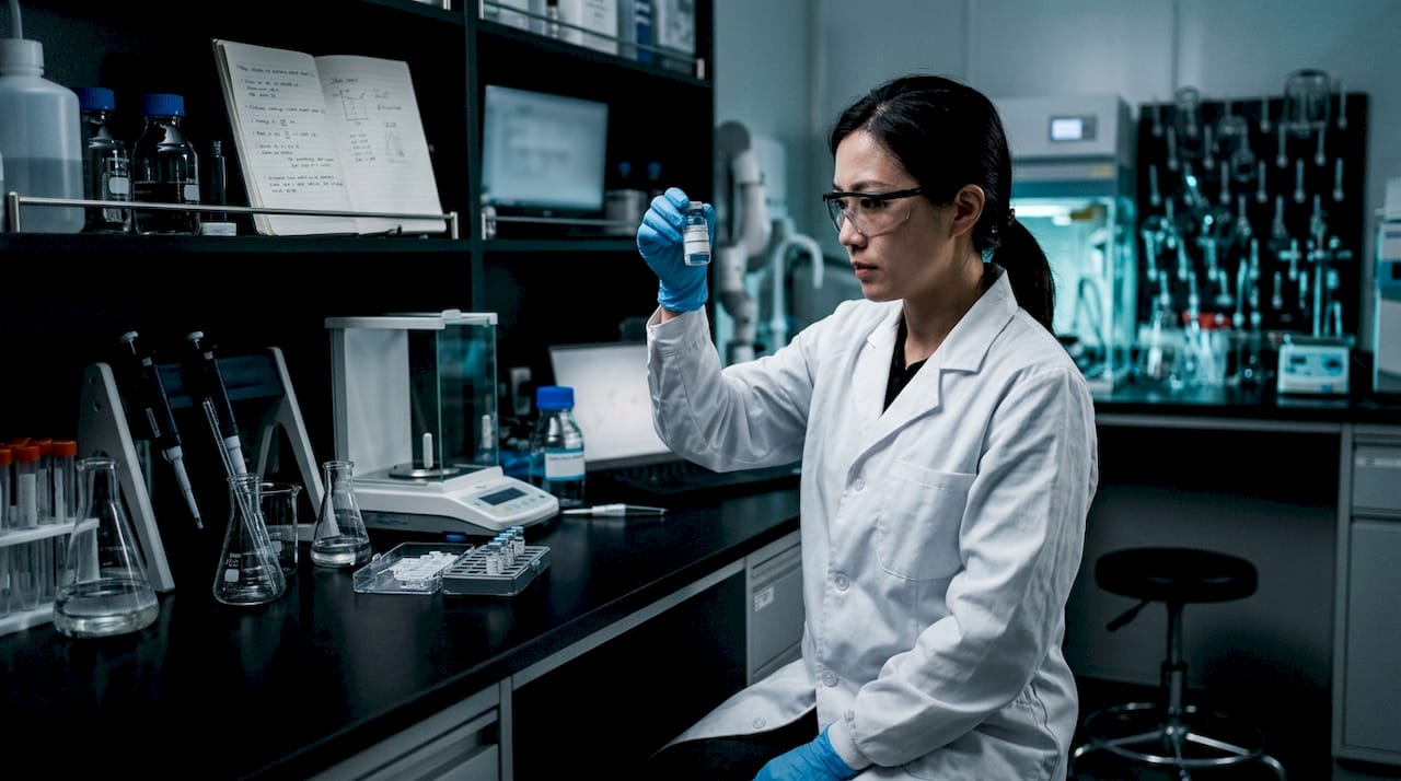 Scientist examining peptide reference standard vial