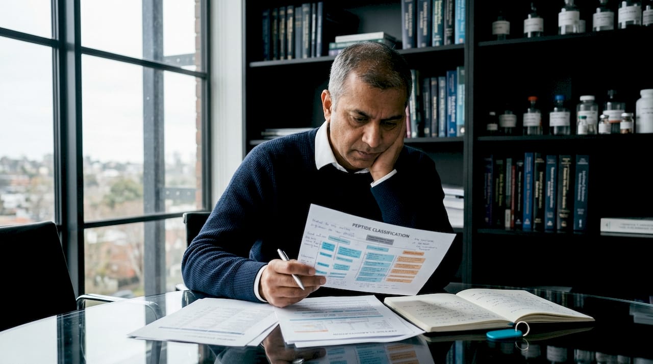 Researcher reviewing peptide classification chart