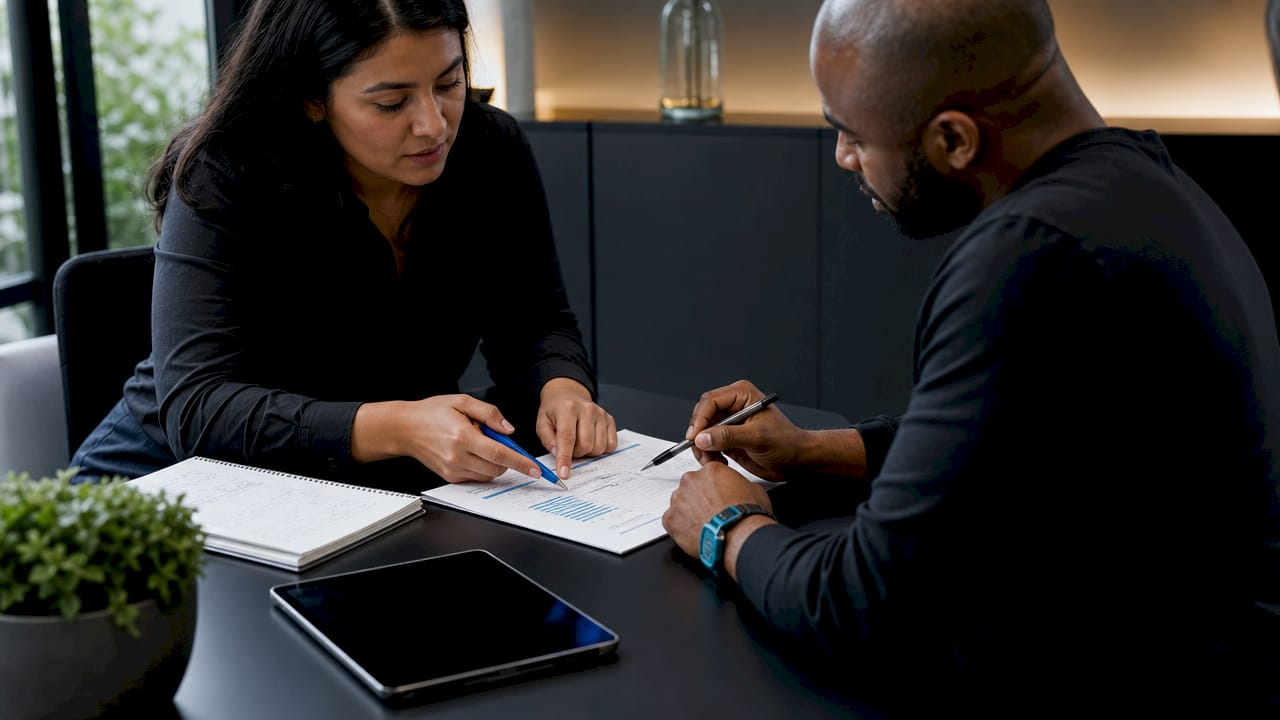 Hands pointing at lead time breakdown report during meeting