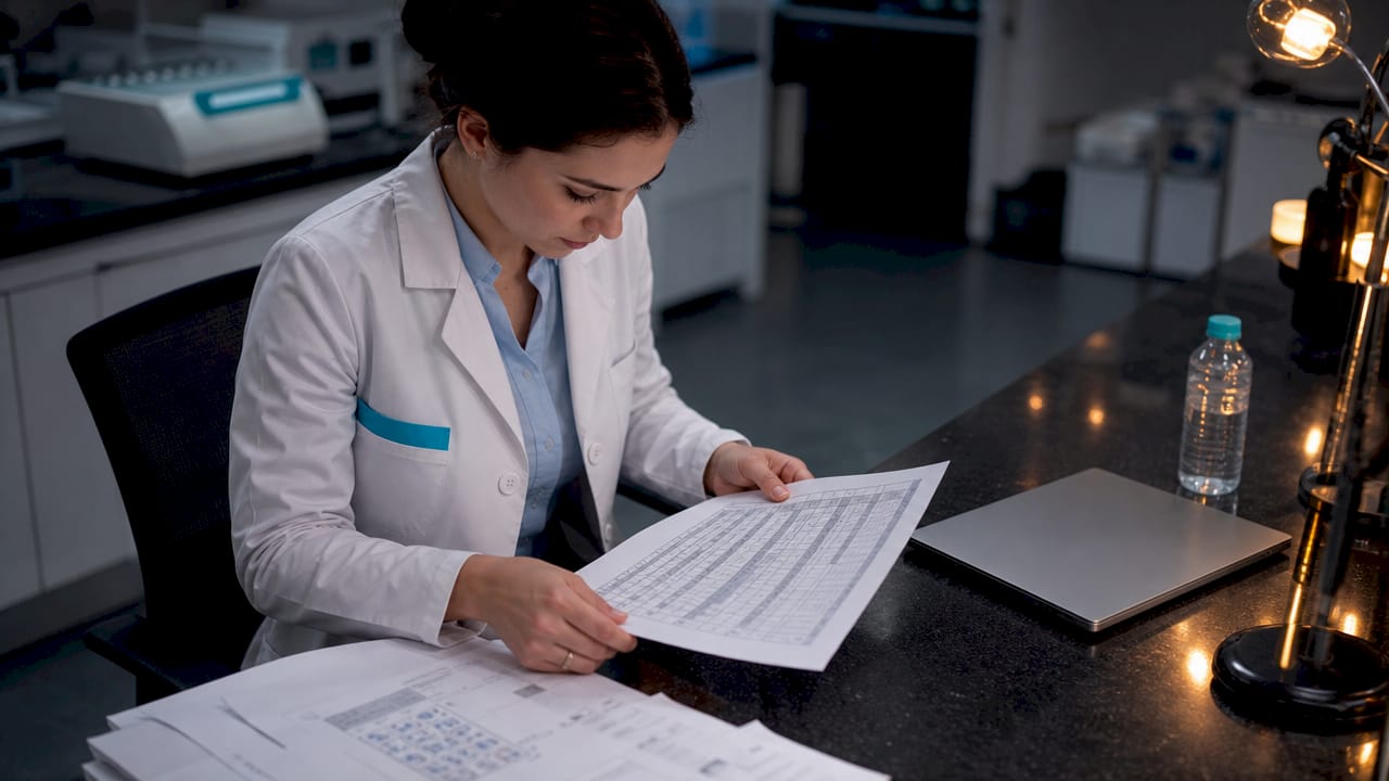 Lab specialist reviewing peptide checklist documents