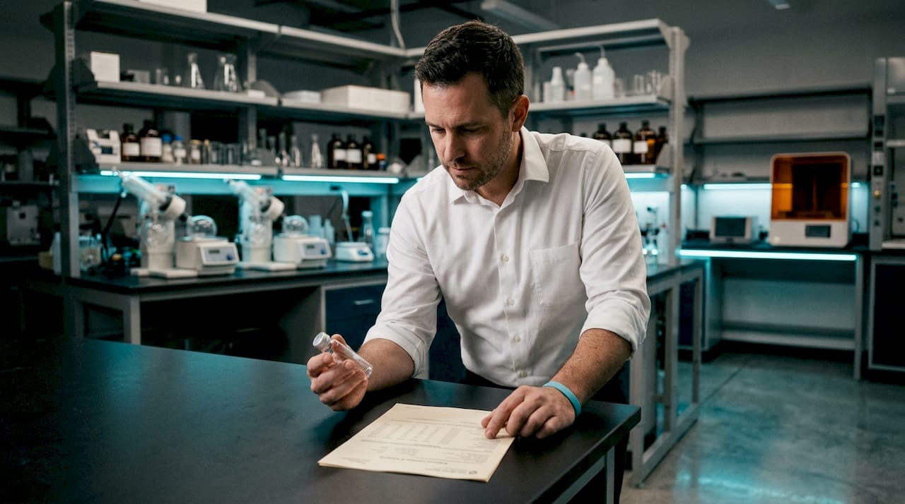 Hands holding peptide vial with batch documents