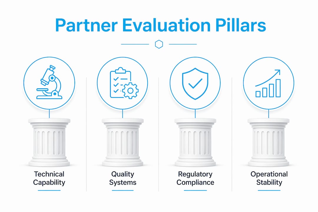 Infographic showing four pillars of peptide synthesis partner evaluation