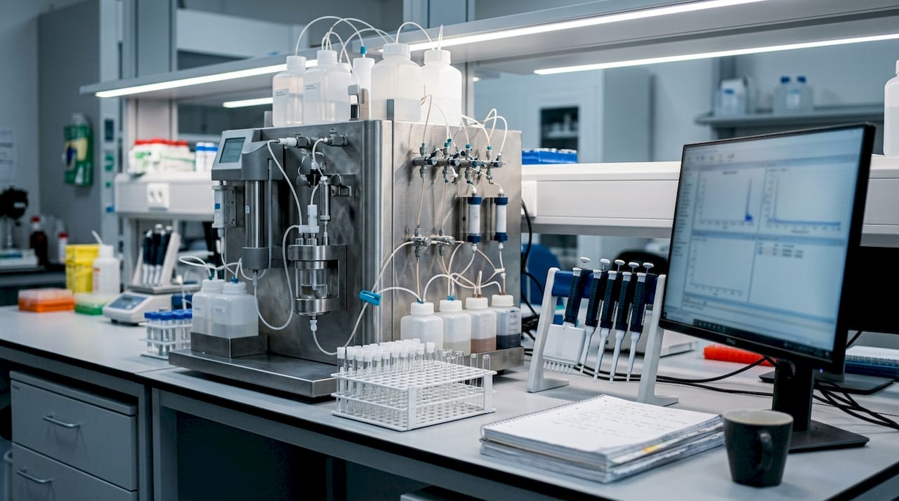 Close-up of peptide synthesis lab equipment