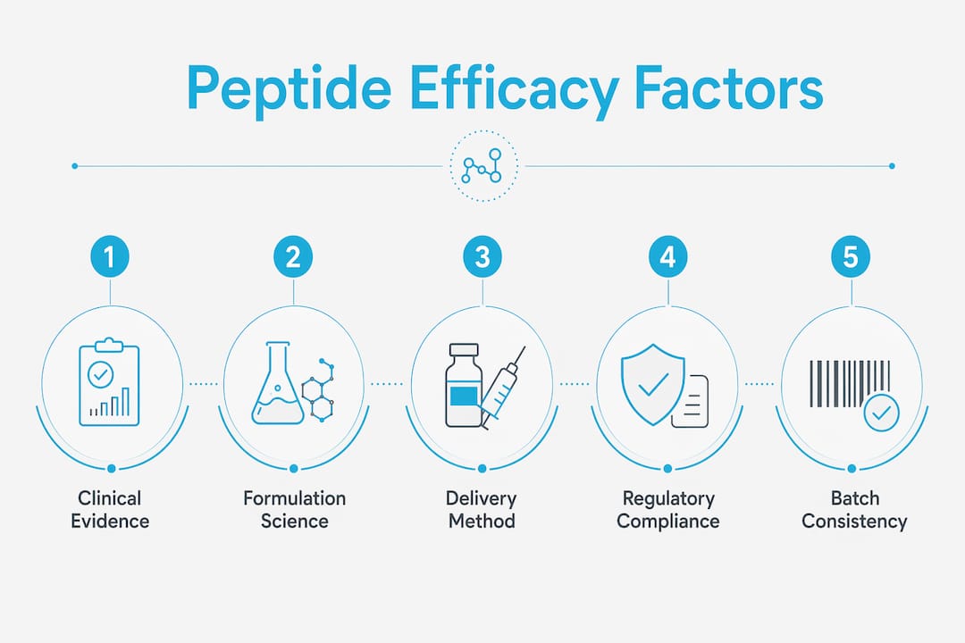 Infographic showing hierarchy of peptide efficacy claim factors