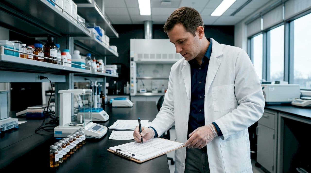 Hands reviewing peptide clinical trial data sheets