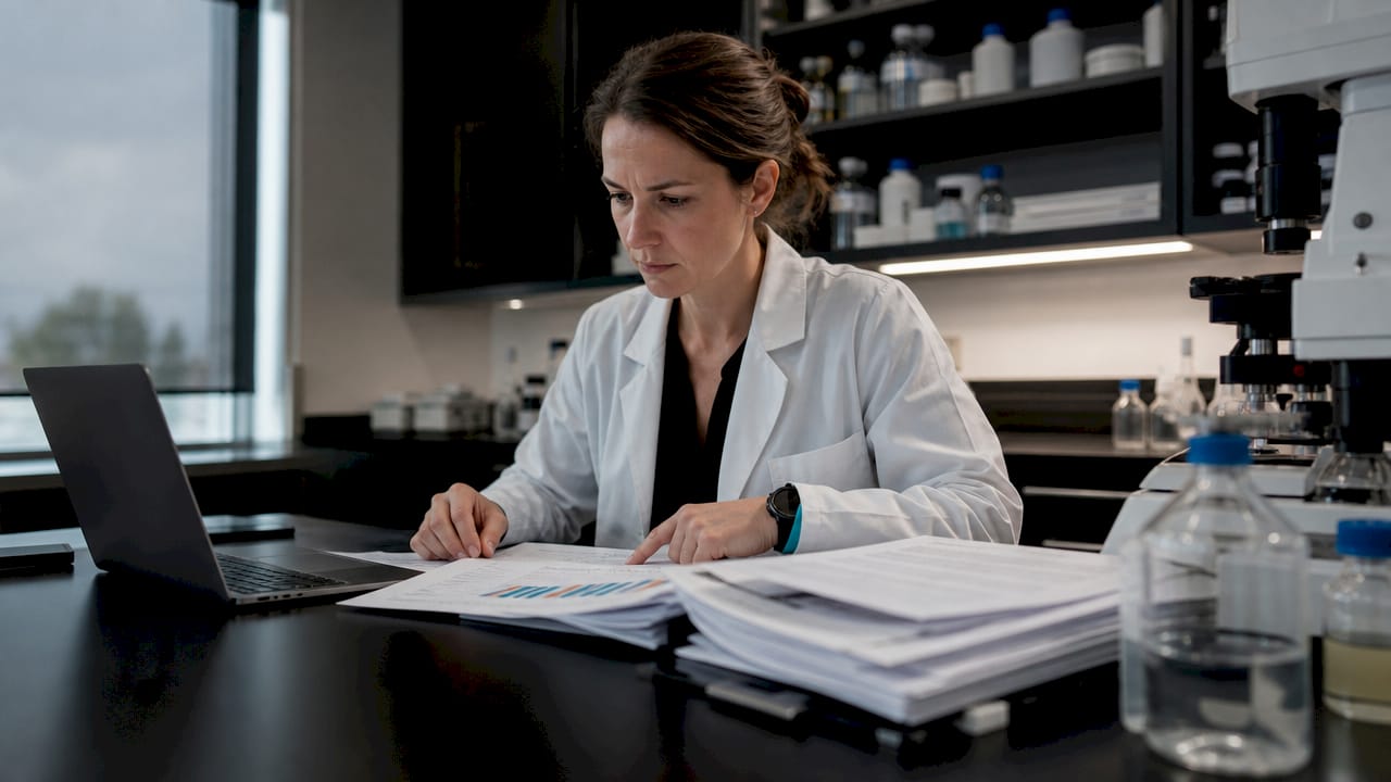 Scientist analyzing peptide clinical development data