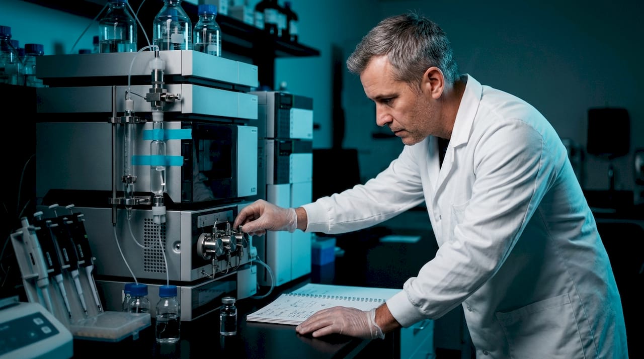 Technician operating peptide purification equipment