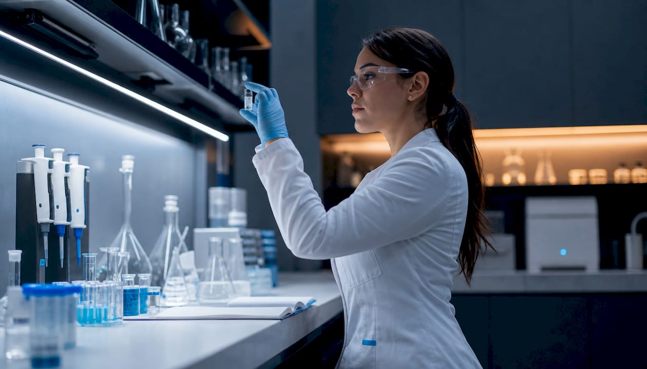Scientist examining peptide skincare serum in lab