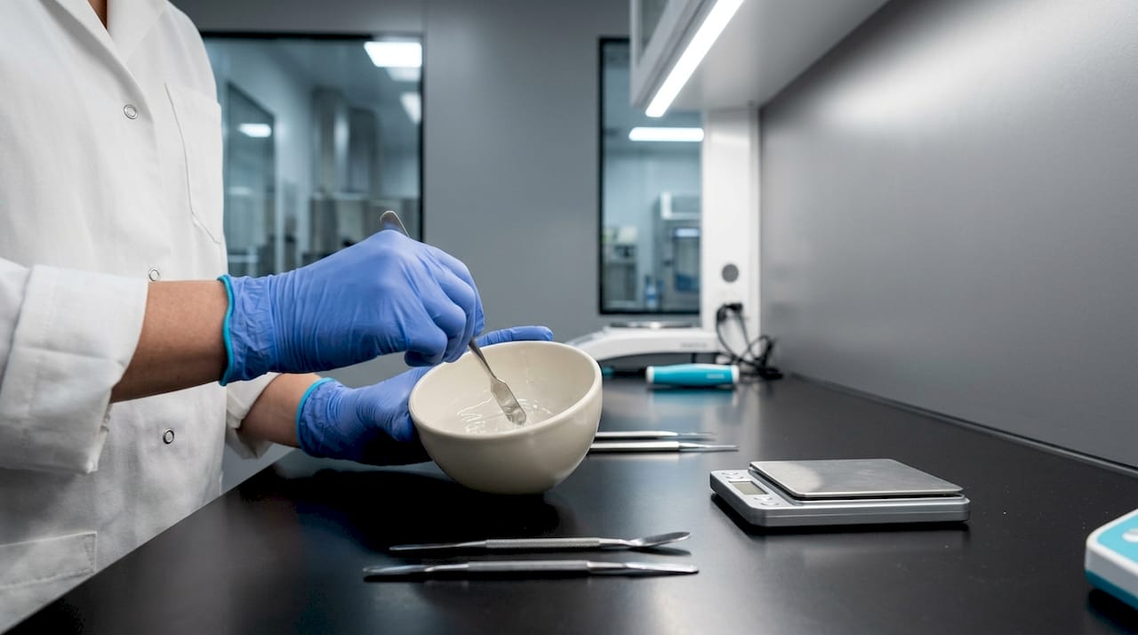 Hands mixing peptide serum in cosmetic lab