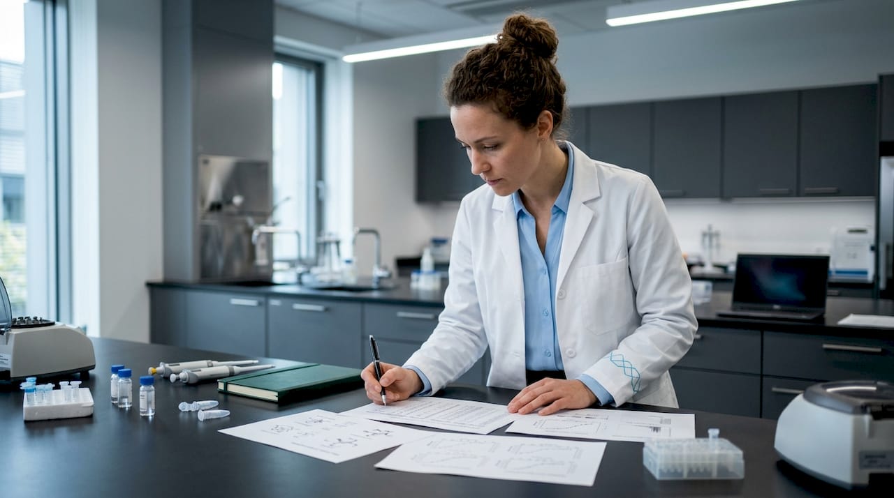 Biochemist reviewing peptide binding data in lab