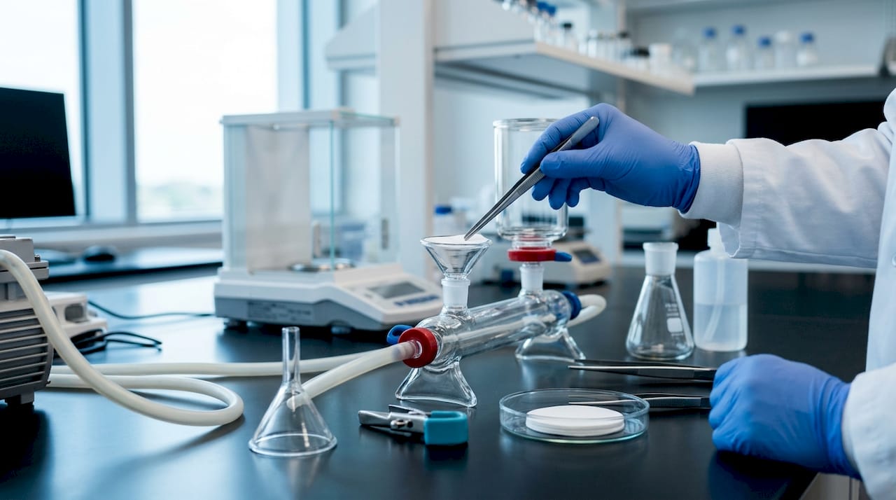 Hands preparing membrane filtration sterilization