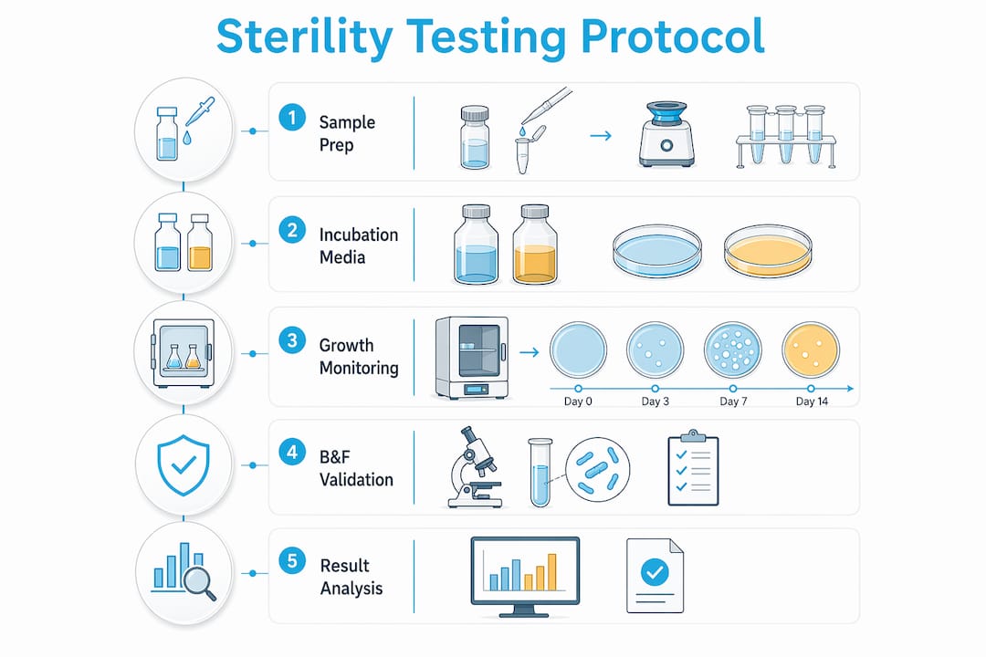 Infographic illustrating sterility testing process steps