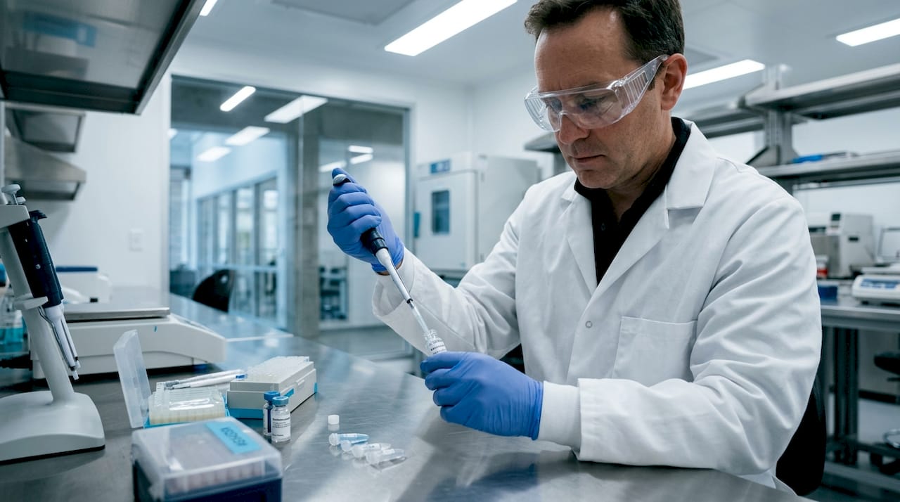 Lab technician preparing peptide sterility test