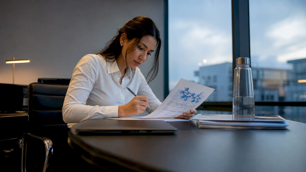 Procurement specialist reviewing peptide specification sheet