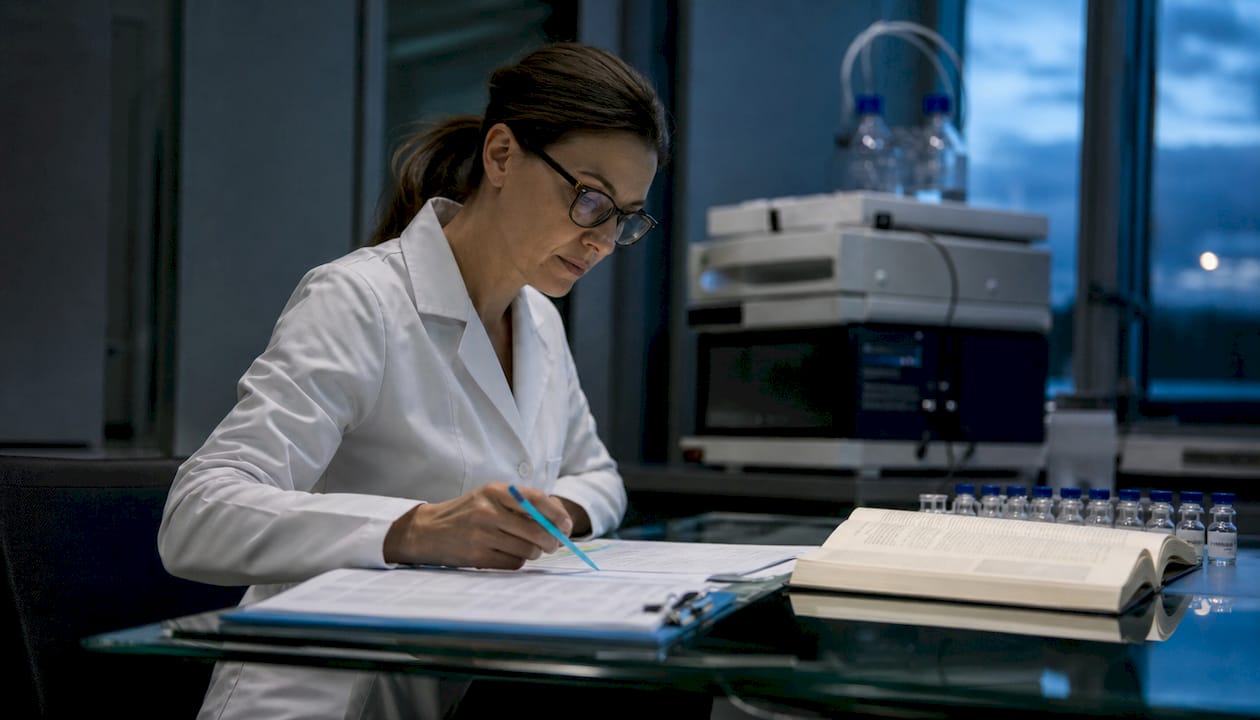 Woman reviewing peptide supplier GMP certification paperwork