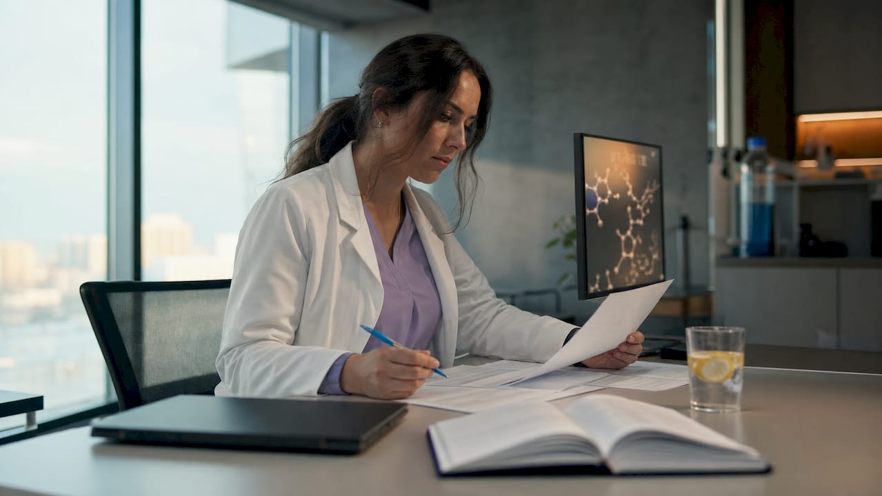 Professional reviewing peptide batch quality documents