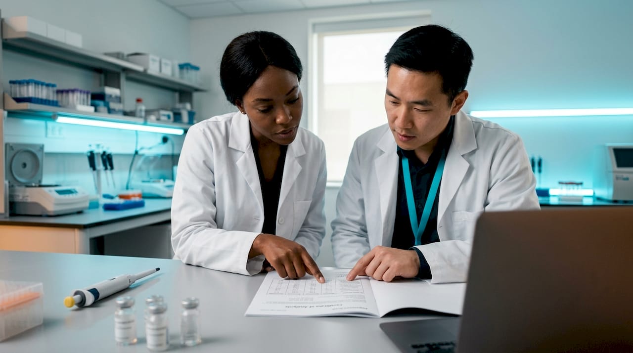 Hands examining peptide COA document closely