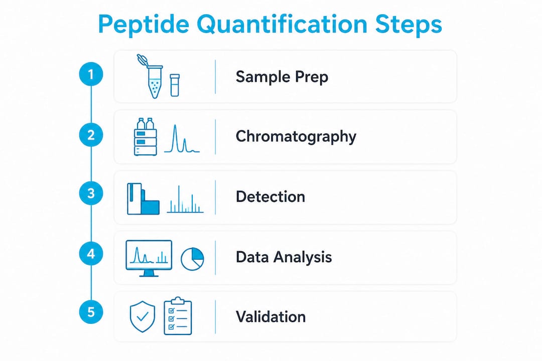 Infographic illustrating five key peptide quantification steps