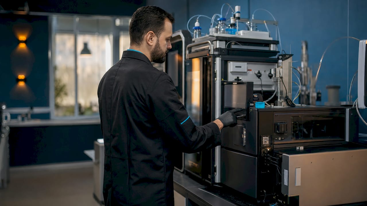 Technician operating LC-MS/MS instrument controls