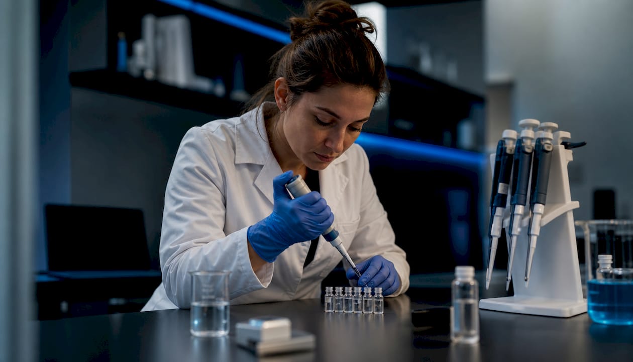 Scientist pipetting peptide in lab cabinet