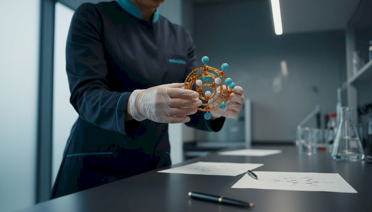 Hands holding liposome molecular model in lab