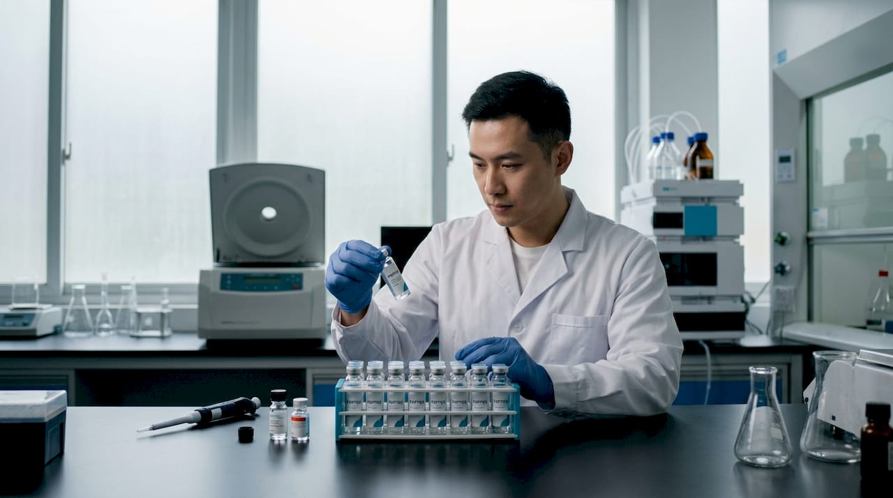 Lab technician inspecting peptide vials closely